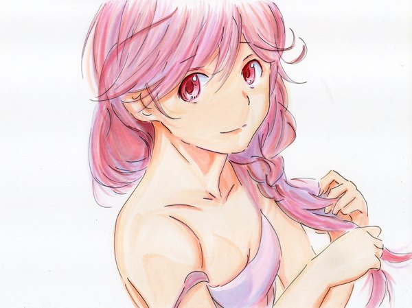 Anime picture 2133x1598 with hai to gensou no grimgar a-1 pictures yume (grimgar) potekichi (potekite) single long hair looking at viewer fringe highres breasts light erotic simple background hair between eyes white background bare shoulders holding payot pink hair cleavage braid (braids)