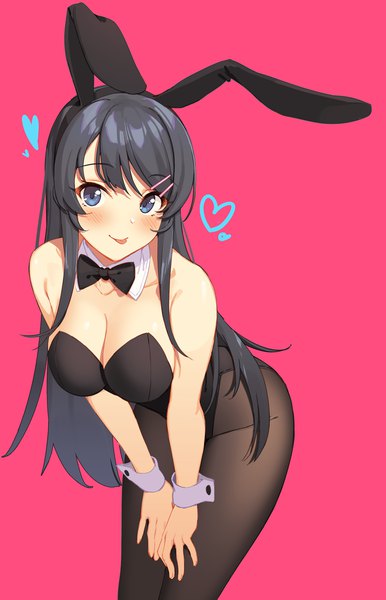 Anime picture 2256x3508 with seishun buta yarou cloverworks sakurajima mai icarus (632247131) single long hair tall image looking at viewer blush fringe highres breasts blue eyes light erotic black hair simple background large breasts animal ears payot cleavage