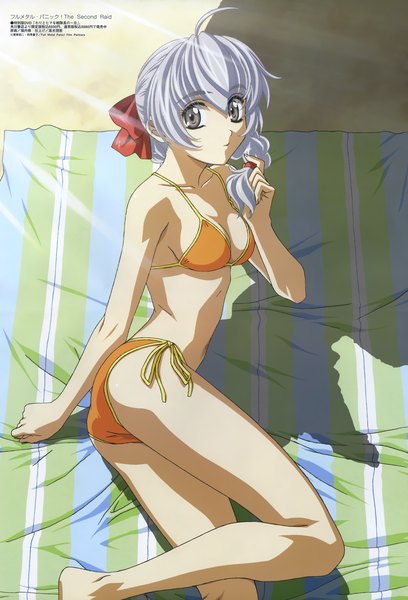 Anime picture 2305x3387 with full metal panic! gonzo teletha testarossa horiuchi osamu single long hair tall image highres light erotic ahoge white hair inscription grey eyes girl swimsuit bikini