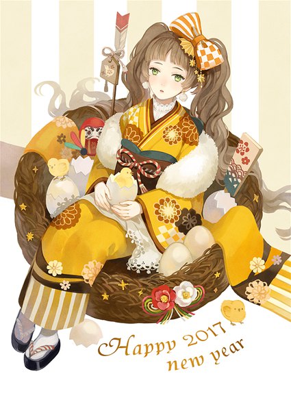 Anime picture 600x847 with original seuga single long hair tall image looking at viewer blush fringe brown hair sitting twintails holding green eyes payot full body bent knee (knees) long sleeves traditional clothes parted lips japanese clothes