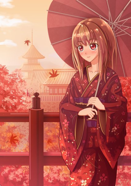 Anime picture 2480x3507 with original yuyusama1222 single tall image blush highres short hair red eyes brown hair traditional clothes japanese clothes girl kimono leaf (leaves) obi