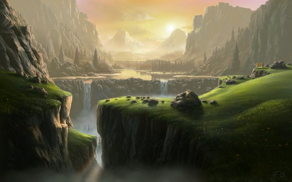 Anime picture 1680x1050 with original fel-x (artist) wide image sky cloud (clouds) sunlight wallpaper mountain no people landscape scenic river waterfall fog morning sunrise flower (flowers) plant (plants) animal tree (trees)
