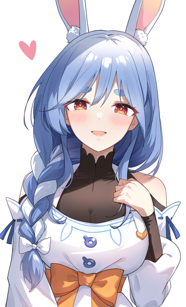 Anime picture 1200x1986 with virtual youtuber hololive pekomama profnote single long hair tall image looking at viewer blush fringe open mouth simple background hair between eyes white background animal ears blue hair upper body braid (braids) :d orange eyes