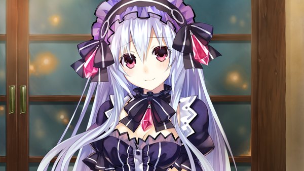 Anime picture 1280x720 with fairy fencer f tiara (fairy fencer f) tsunako single long hair looking at viewer fringe hair between eyes wide image game cg white hair pink eyes light smile girl dress choker headdress