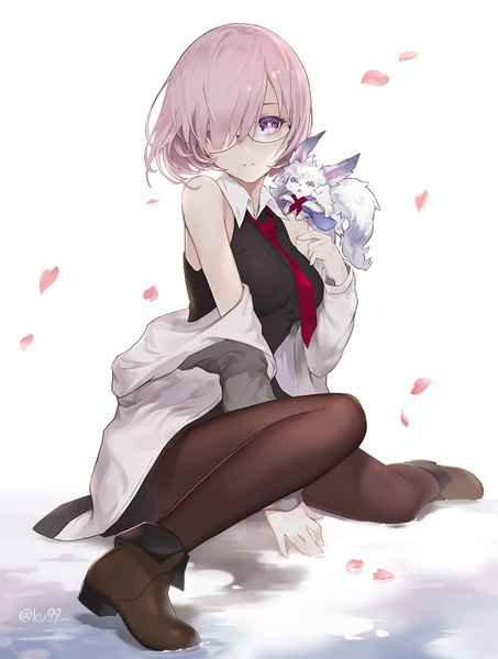 Anime picture 755x1000 with fate (series) fate/grand order mash kyrielight fou (fate) ku99 (kugugu) single tall image looking at viewer blush fringe short hair breasts simple background white background sitting purple eyes bare shoulders signed purple hair full body