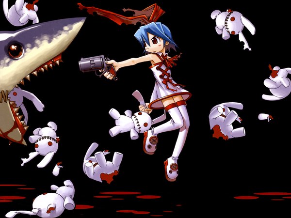 Аниме картинка 1280x960 с сага войн преисподней: дисгая mazda pleinair usagi-san всё тело чёрный фон огнестрельное оружие кровь кролик акула