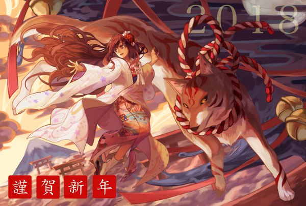 Anime picture 1748x1181 with original kuune (muttey-myg) single highres open mouth brown hair brown eyes looking away very long hair traditional clothes :d japanese clothes spread arms mountain new year nengajou 2018 giant animal girl hair ornament