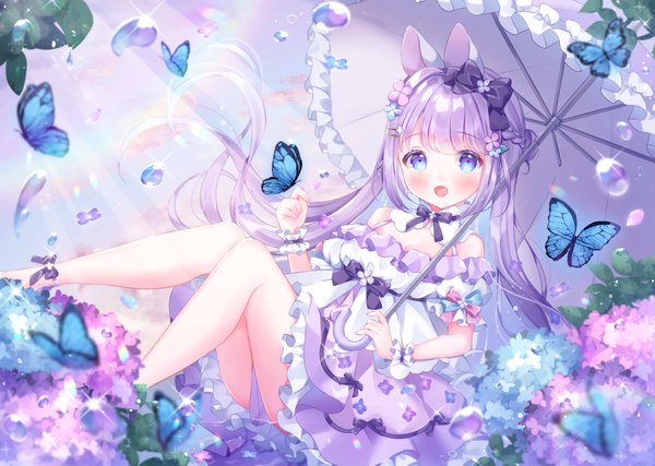 Anime picture 2978x2117 with original omochi monaka single looking at viewer blush fringe highres open mouth blue eyes light erotic sitting animal ears bent knee (knees) blunt bangs braid (braids) very long hair :d hair flower sunlight sparkle