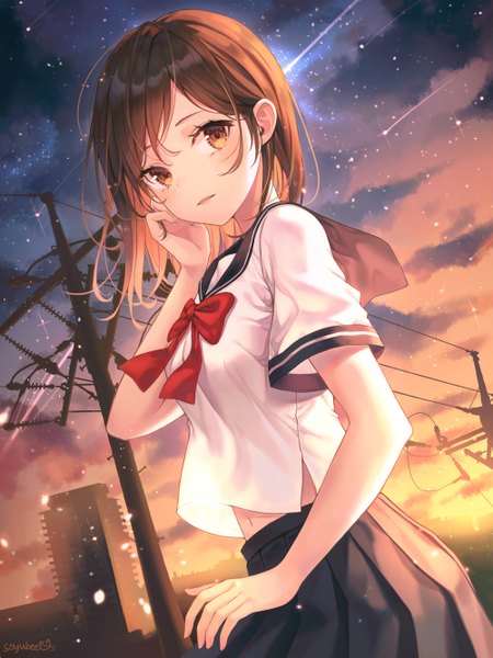 Anime picture 1000x1333 with original soyubee single long hair tall image looking at viewer blush fringe open mouth brown hair standing brown eyes signed cloud (clouds) outdoors pleated skirt night short sleeves dutch angle night sky