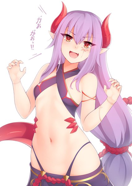 Anime picture 907x1280 with original melusine (ibuki notsu) ricegnat single long hair tall image looking at viewer blush fringe open mouth light erotic simple background smile hair between eyes red eyes standing white background bare shoulders payot purple hair