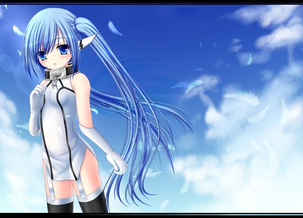 Anime picture 2400x1725 with sora no otoshimono nymph (sora no otoshimono) tagme (artist) single long hair highres blue eyes light erotic twintails blue hair sky cloud (clouds) loli girl thighhighs gloves black thighhighs feather (feathers) collar