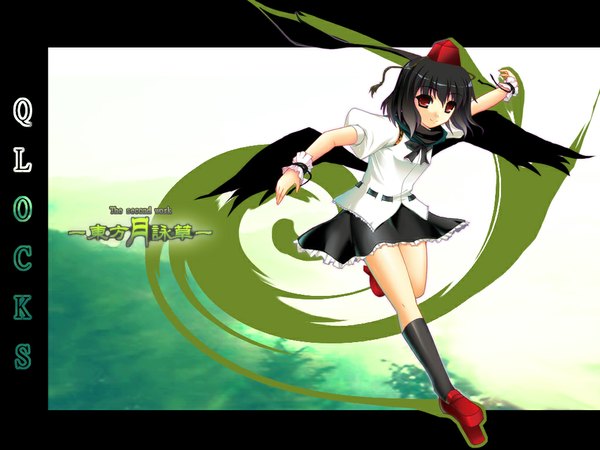 Anime picture 1024x768 with touhou shameimaru aya black hair red eyes wallpaper black wings girl skirt ribbon (ribbons) hat wings