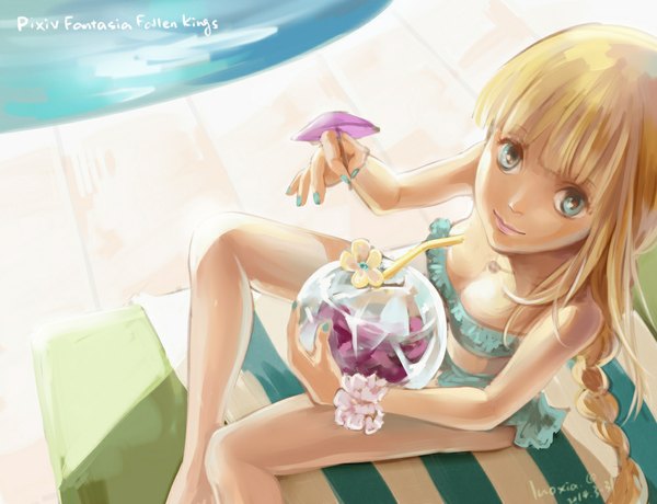 Anime picture 1000x767 with original pixiv fantasia pixiv fantasia fallen kings luoxia single long hair looking at viewer fringe blonde hair smile sitting bare shoulders braid (braids) nail polish from above sunlight girl flower (flowers) swimsuit choker