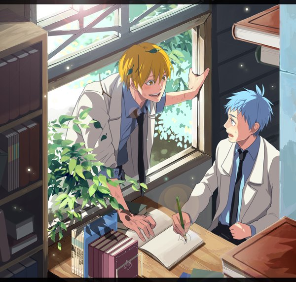 Anime picture 1294x1235 with kuroko no basket production i.g kuroko tetsuya kise ryouta p3puhehehe blush fringe short hair blue eyes blonde hair holding yellow eyes blue hair indoors fingernails arm support multiple boys glow twisty sleeves surprised