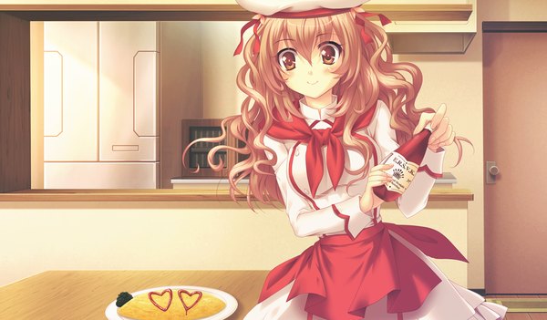 Anime picture 1024x600 with houkago kitchen long hair blush smile brown hair wide image brown eyes game cg cooking girl hat