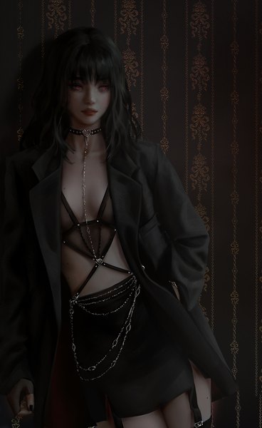 Anime picture 3676x6000 with original nixeu single long hair tall image fringe highres breasts light erotic black hair standing looking away absurdres indoors blunt bangs long sleeves nail polish parted lips pink eyes fingernails