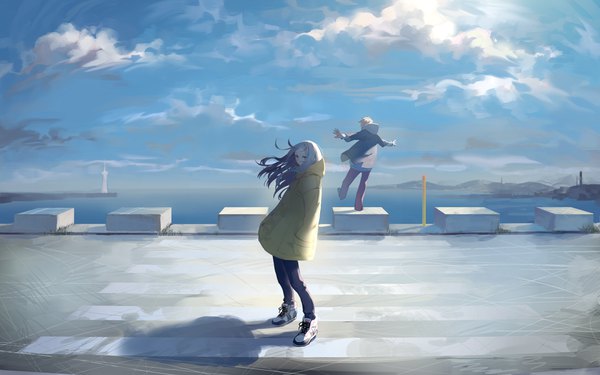 Anime picture 1080x675 with original yamakawa long hair looking at viewer short hair blonde hair sky cloud (clouds) outdoors wind from behind shadow spread arms horizon hands in pockets crosswalk seaside boy sea hood