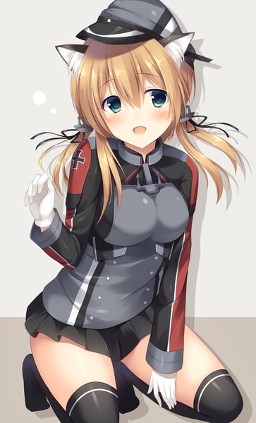 Anime picture 1176x1944 with kantai collection prinz eugen (kantai collection) tomoo (tomo) single long hair tall image blush open mouth blue eyes blonde hair animal ears cat ears cat girl kemonomimi mode girl thighhighs skirt gloves black thighhighs miniskirt