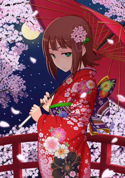 Anime picture 2480x3508 with idolmaster amami haruka yoga doujou (misawajima) single tall image fringe highres short hair smile brown hair standing holding green eyes long sleeves traditional clothes japanese clothes hair flower night wide sleeves night sky