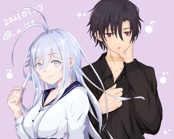 Anime picture 1280x1024 with 86 -eightysix- vladilena millize shinei nouzen ailss long hair looking at viewer fringe short hair black hair smile hair between eyes red eyes standing signed silver hair upper body ahoge parted lips twitter username dated