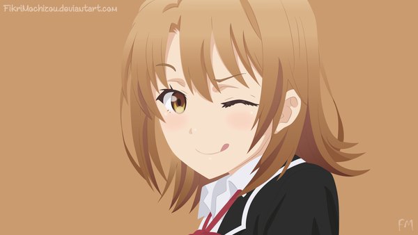 Anime picture 1920x1080 with yahari ore no seishun love comedy wa machigatteiru. brains base (studio) isshiki iroha fikrimochizou single looking at viewer fringe highres short hair simple background smile hair between eyes brown hair wide image signed yellow eyes payot one eye closed wink :q