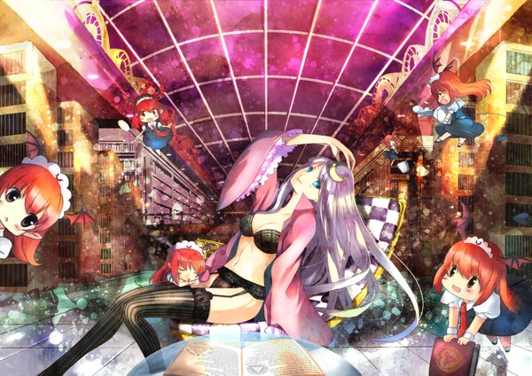 Anime picture 1600x1131 with touhou patchouli knowledge koakuma fuyouchu long hair blue eyes light erotic purple hair open clothes flying chibi bat wings girl thighhighs underwear panties black thighhighs
