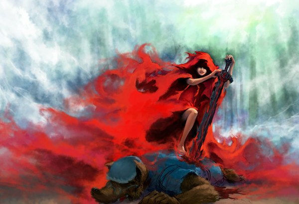 Anime picture 1280x874 with little red riding hood little red riding hood (character) big bad wolf tagme (artist) smile girl tree (trees) glasses tongue hood blood cloak forest huge weapon huge sword wolf