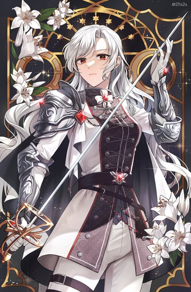 Anime picture 1200x1830 with original plus1024 single long hair tall image looking at viewer fringe red eyes standing holding signed payot silver hair long sleeves arm up sparkle twitter username double buttons knight girl