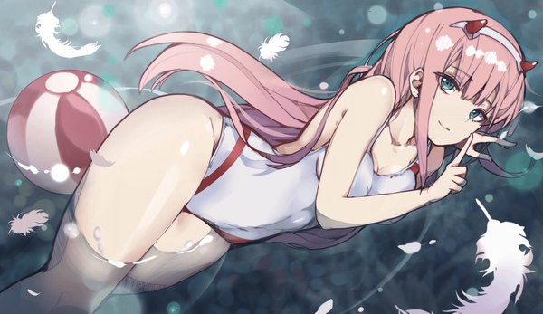 Anime picture 1637x949 with darling in the franxx studio trigger zero two (darling in the franxx) hanakanzarashi single long hair looking at viewer fringe breasts light erotic smile hair between eyes wide image pink hair cleavage lying blunt bangs horn (horns) aqua eyes partially submerged