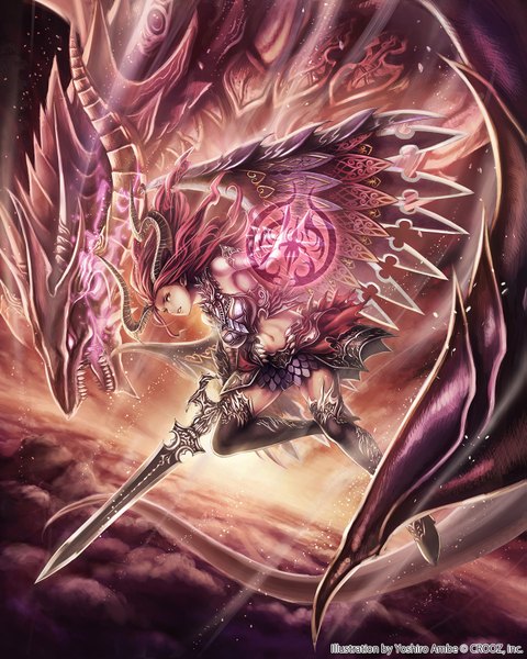 Anime picture 1279x1600 with shinma x keishou! ragnabreak original anbe yoshirou single long hair tall image brown eyes purple hair horn (horns) girl thighhighs navel weapon black thighhighs sword wings dragon armored dress