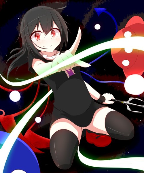 Anime picture 1200x1440 with touhou houjuu nue pspmaru single long hair tall image blush black hair smile red eyes girl thighhighs dress black thighhighs wings spacecraft ufo flying saucer