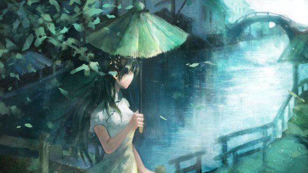 Anime picture 3472x1958 with original noodles (artist) single long hair fringe highres black hair wide image looking away traditional clothes river girl dress water white dress leaf (leaves) umbrella