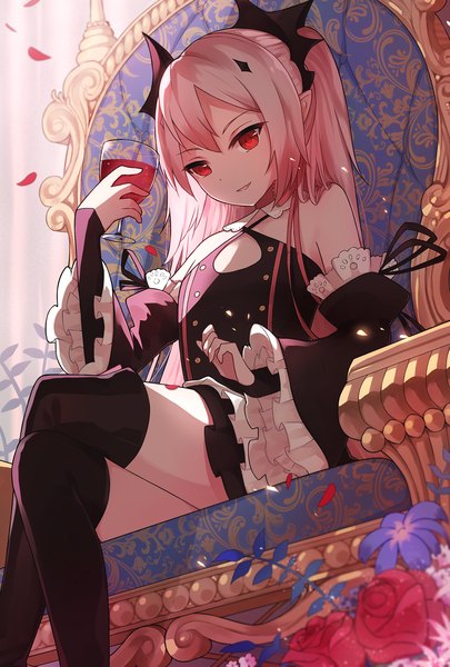 Anime picture 1183x1752 with owari no seraph wit studio kururu tepes gkn levi single long hair tall image looking at viewer fringe breasts red eyes sitting holding pink hair parted lips head tilt pointy ears wide sleeves zettai ryouiki crossed legs