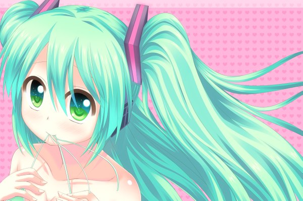 Anime picture 2669x1778 with vocaloid hatsune miku long hair highres twintails green eyes aqua hair girl