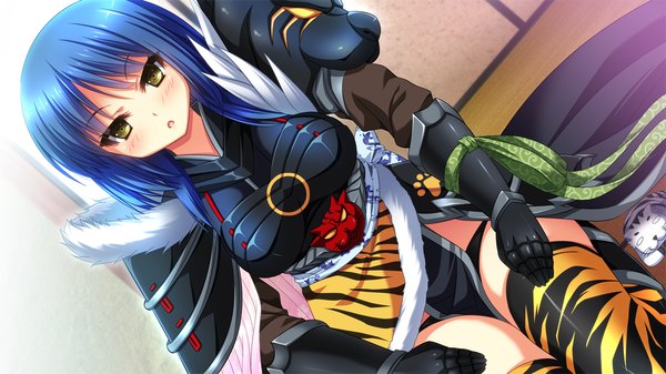 Anime picture 1280x720 with sengoku hime 5 single long hair looking at viewer blush open mouth wide image sitting yellow eyes blue hair game cg girl thighhighs gloves ribbon (ribbons) elbow gloves armor