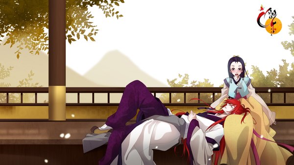 Anime picture 1778x1000 with twelve nights dan ah yi won muryui long hair blush highres open mouth black hair wide image red hair lying traditional clothes black eyes couple girl boy leaf (leaves)