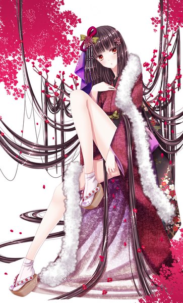 Anime picture 605x1000 with original hiroharu single tall image looking at viewer red eyes white background purple hair very long hair traditional clothes japanese clothes legs girl hair ornament flower (flowers) petals socks kimono white socks obi