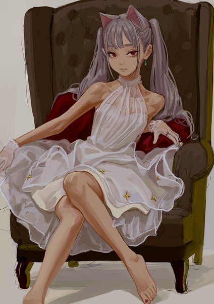 Anime picture 1000x1415 with original feiqizi (fkey) fkey single long hair tall image looking at viewer simple background red eyes sitting twintails bare shoulders animal ears payot bent knee (knees) nail polish barefoot grey hair cat ears dark skin