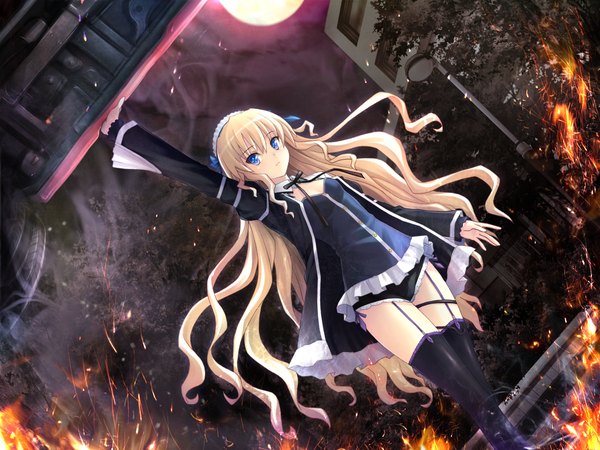 Anime picture 1600x1200 with gurenka elsrise nekonyan long hair blonde hair game cg girl thighhighs dress black thighhighs headdress fire