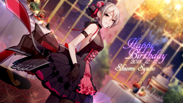 Anime picture 1920x1080 with idolmaster idolmaster cinderella girls shiomi shuuko asd13 single fringe highres short hair hair between eyes wide image silver hair blurry grey eyes depth of field character names dated happy birthday girl dress gloves