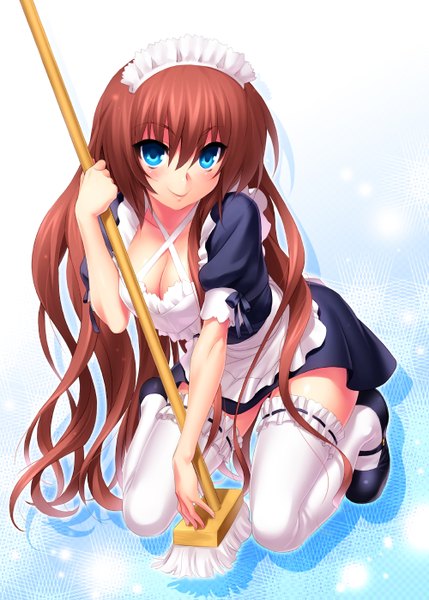 Anime picture 1000x1399 with little busters! key (studio) natsume rin zen (kamuro) single long hair tall image blue eyes light erotic smile brown hair maid girl thighhighs white thighhighs headdress maid headdress mop