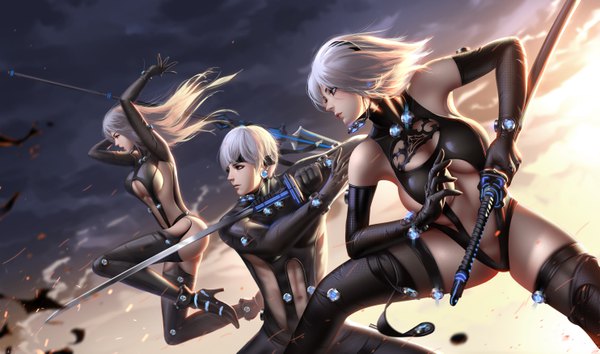 Anime picture 5931x3500 with gantz nier nier:automata gonzo yorha no. 2 type b yorha type a no. 2 yorha no. 9 type s liang xing long hair highres short hair breasts open mouth blue eyes light erotic wide image large breasts purple eyes multiple girls holding