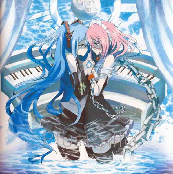 Anime picture 2446x2462 with vocaloid hatsune miku megurine luka tansuke long hair tall image highres blue eyes bare shoulders multiple girls blue hair pink hair profile zettai ryouiki face to face girl dress 2 girls headphones chain