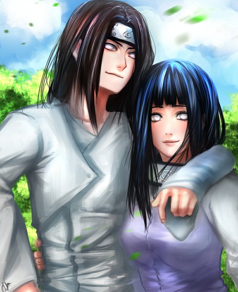 Anime picture 800x981 with naruto studio pierrot naruto (series) hyuuga hinata hyuuga neji kuroi (chloemanansala) long hair tall image blush black hair purple eyes blue hair girl boy bandana forehead protector