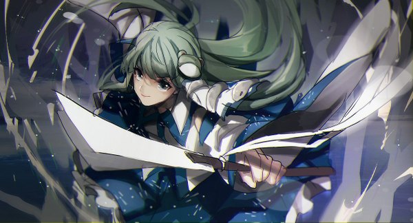 Anime picture 1200x649 with touhou kochiya sanae no-kan single long hair looking at viewer fringe smile wide image traditional clothes japanese clothes green hair from above grey eyes spread arms miko girl hair ornament detached sleeves hair tubes