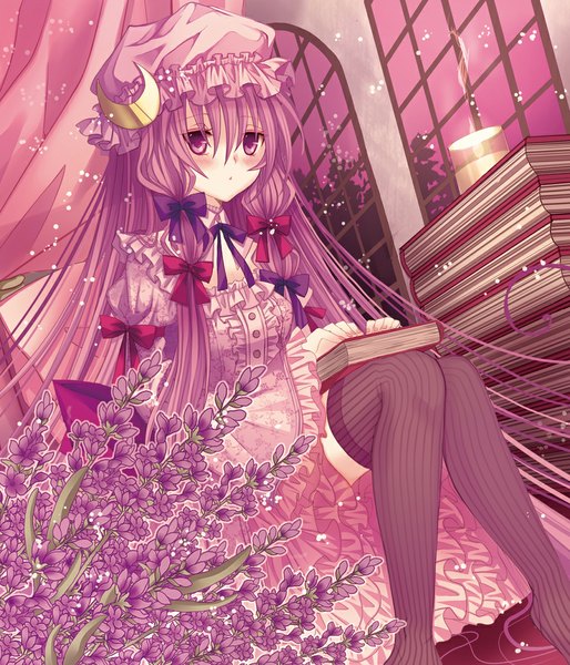 Anime picture 900x1051 with touhou patchouli knowledge nozomi fuuten single long hair tall image blush sitting purple eyes purple hair girl thighhighs dress flower (flowers) bow hair bow frills book (books) bonnet