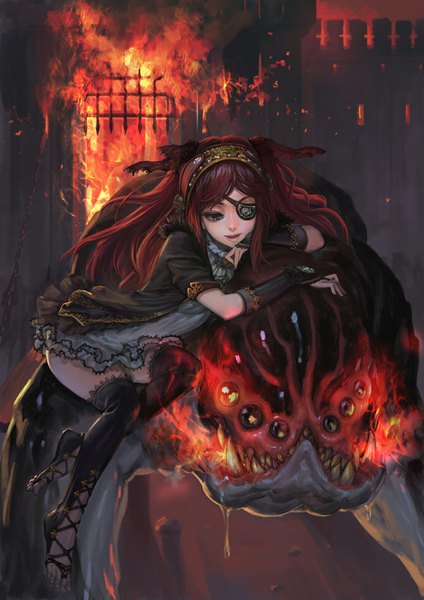 Anime picture 824x1166 with original xiaji single long hair tall image red eyes red hair barefoot light smile teeth fang (fangs) saliva sharp teeth demon girl dress detached sleeves hairband eyepatch fire