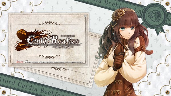 Anime picture 1920x1080 with code: realize ~sousei no himegimi~ cardia (code: realize) miko (artist) single long hair highres breasts blue eyes brown hair wide image looking away parted lips copyright name character names girl gloves headband