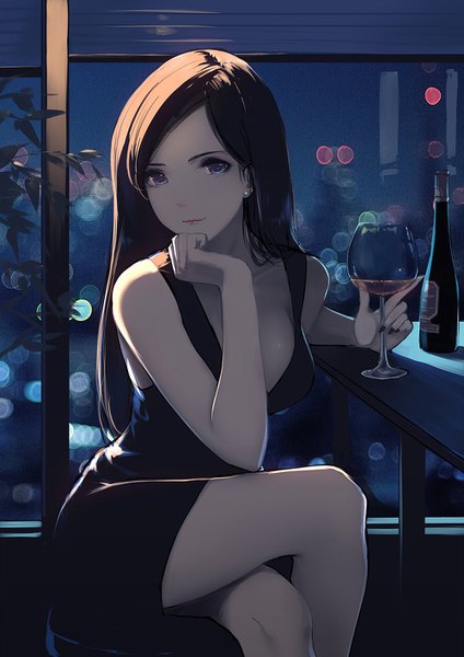 Anime picture 1000x1414 with original caidychen single long hair tall image looking at viewer breasts blue eyes black hair sitting bare shoulders holding cleavage indoors nail polish fingernails light smile blurry night depth of field