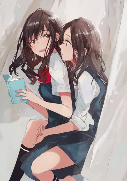 Anime picture 595x842 with original fly (marguerite) long hair tall image fringe open mouth smile hair between eyes brown hair standing sitting multiple girls holding brown eyes ahoge bent knee (knees) profile looking back wind hug
